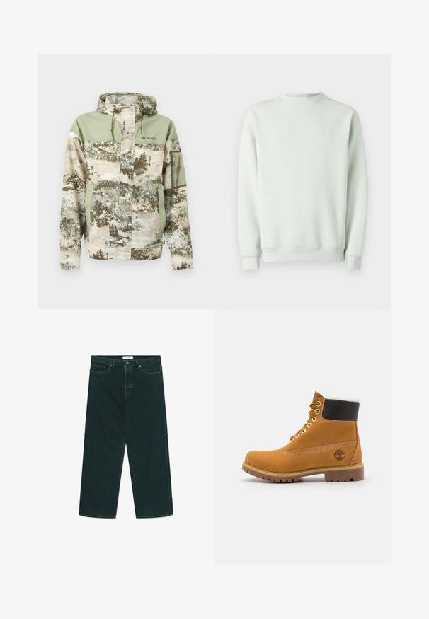 Jas met camouflagepatroon, capuchon, trekkoorden, ritszak op de mouw, voorrits en klep, en Columbia-logo op de borst in zachte groene en beige tinten.; Lichtgroene sweat van zacht materiaal. Voorzien van een ronde hals, lange mouwen en een klein logo op de linkerborst.; Donkergroene spijkerbroek met wijdere pijpen, voorzien van een knoop- en ritsclosure, voorzakken en riemlussen, plat gelegd op een witte achtergrond.; Bruine leren enkellaars met metalen oogjes, witte faux bont voering, zwarte gewatteerde kraag, robuuste zool en een reliëflogo aan de zijkant.