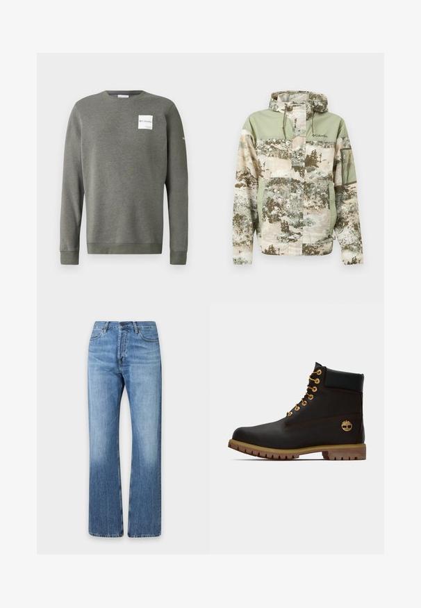 Veste à motif camouflage avec capuche, cordons, poche zippée sur la manche, fermeture éclair frontale avec rabat, et logo Columbia sur la poitrine, dans des tons verts et beige atténués.; Sweatshirt vert olive en tissu doux, doté d'un col rond, de manches longues et d'un patch logo rectangulaire blanc à l'avant.; Jean en denim bleu clair avec une coupe droite, poches avant, passants de ceinture et fermeture à boutons sur un fond uni.; Bottine noire en cuir avec œillets dorés, accents marron et semelle en caoutchouc. Comprend un col rembourré et un logo estampé sur le côté.