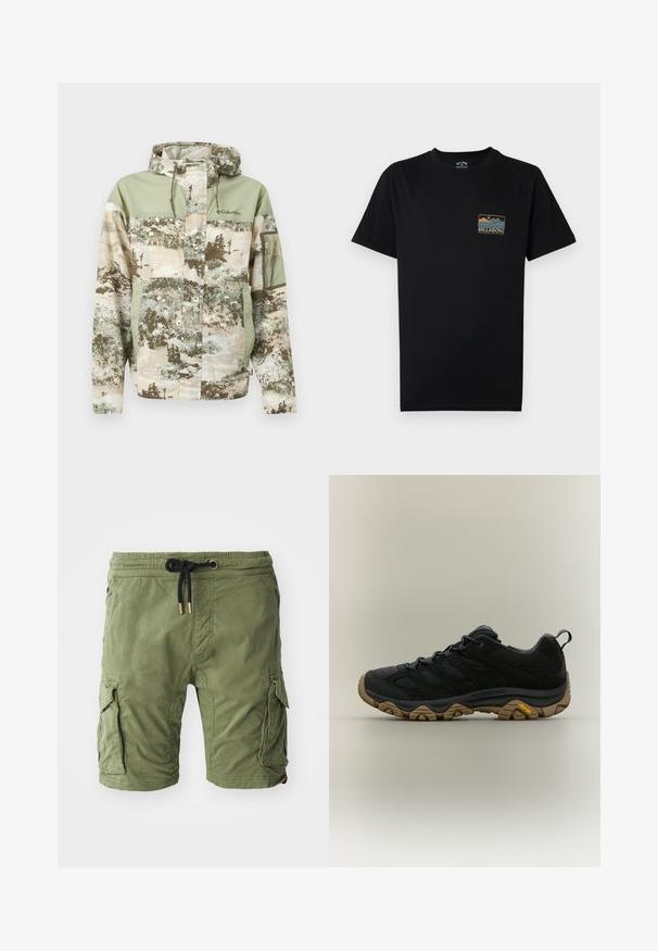 Jakke med camouflage-mønster, hætte, snoretræk, lynlåslomme på ærmet, lynlås foran med klap og Columbia-logo på brystet i afdæmpede grønne og beige nuancer.; Sort T-shirt med korte ærmer med en lille flerfarvet grafik af bjerge og hav samt teksten "BILLABONG Adventure division" på venstre bryst.; Olivenfarvede bomulds cargo shorts med sidelommer, elastisk talje med snøre og guldhardware samt en blød, tekstureret overflade.; Sort vandresko med brun tekstureret Vibram-sål og trækflig på hælen, vist i sideprofil på neutral baggrund.