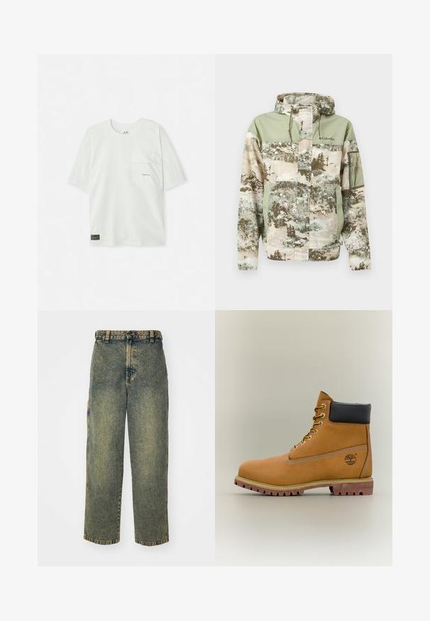 Veste à motif camouflage avec capuche, cordons, poche zippée sur la manche, fermeture éclair frontale avec rabat, et logo Columbia sur la poitrine, dans des tons verts et beige atténués.; T-shirt à manches courtes, vert clair, en coton. Présente une poche poitrine et un petit logo près de la poche. Texture douce, design décontracté.; Jeans en denim ample avec un délavage bleu et vert. Comprend une fermeture à bouton, des passants de ceinture et des poches latérales. Pas de pli à l'avant et design à jambe droite.; Bottine en cuir marron avec col noir, lacets jaunes et semelle beige. Présente un logo et des détails de couture blanche. Semelle extérieure à traction robuste.