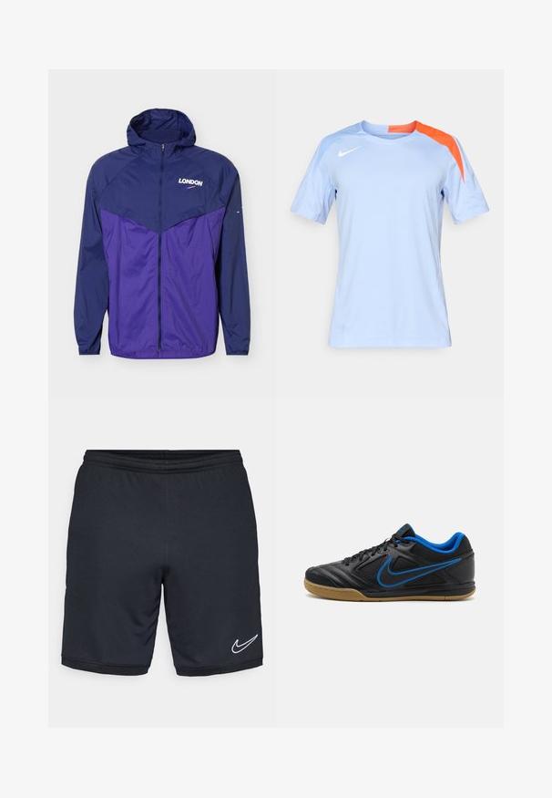 Navyblaue und violette leichte Kapuzenjacke mit Frontreißverschluss und „LONDON“-Schriftzug sowie kleinem Swoosh-Logo auf der Brust.; Himmelblaues, kurzärmliges Sportshirt mit einem kontrastierenden orangefarbenen Akzent an der Schulter. Hergestellt aus atmungsaktivem Stoff mit Rundhalsausschnitt.; Schwarze Sportshorts aus einem glatten, leichten Stoff, mit elastischem Bund und einem weißen Nike-Logo-Akzent am Saum.; Schwarze Sportschuhe mit blauen Akzenten, strukturierter Synthetik-Oberfläche, Schnürverschluss und Gummisohle. Merkmale ein auffälliges Logo-Detail an der Seite.