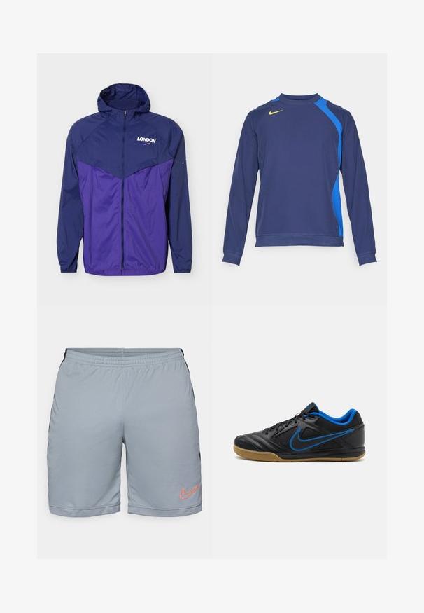 Letvægt hættetrøje i navy og lilla med frontlynlås og teksten "LONDON" med lille swoosh-logo på brystet.; Mørkeblå langærmet sports T-shirt med lyseblå sidepaneler, rund halsudskæring og gult logo på brystet. Fremstillet af glat, strækbart stof.; Lys grå sports shorts med sorte sidepaneler, elastisk talje og en tekstureret mesh kant. Har et orange Nike-logo på venstre ben.; Sorte træningssko med blå detaljer, tekstureret syntetisk overdel, snørelukning og gummisål. Har en fremtrædende side logo detalje.
