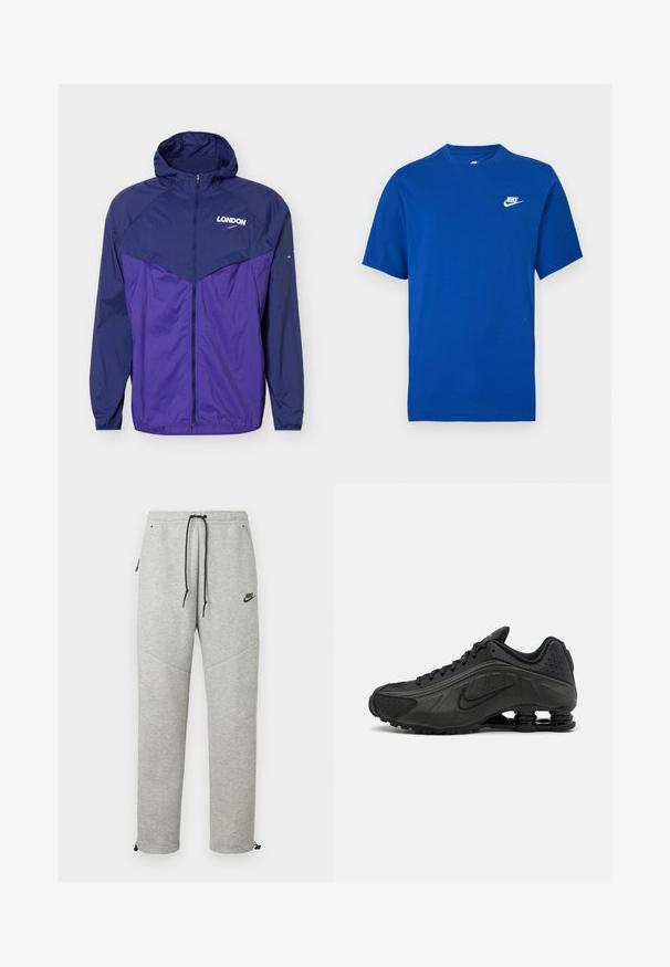 Veste légère à capuche bleu marine et violette avec fermeture éclair frontale et texte « LONDON » avec un petit logo swoosh sur la poitrine.; T-shirt Nike bleu à manches courtes avec logo blanc sur la poitrine gauche, col rond et coupe régulière.; Pantalons de survêtement Nike gris avec taille élastique à cordon, poches latérales et poignets élastiques. Caractérisés par une texture lisse et un logo noir contrastant.; Baskets de course noires avec une tige en synthétique lisse, des accents perforés, des panneaux latéraux texturés et une semelle distincte et rebondissante.
