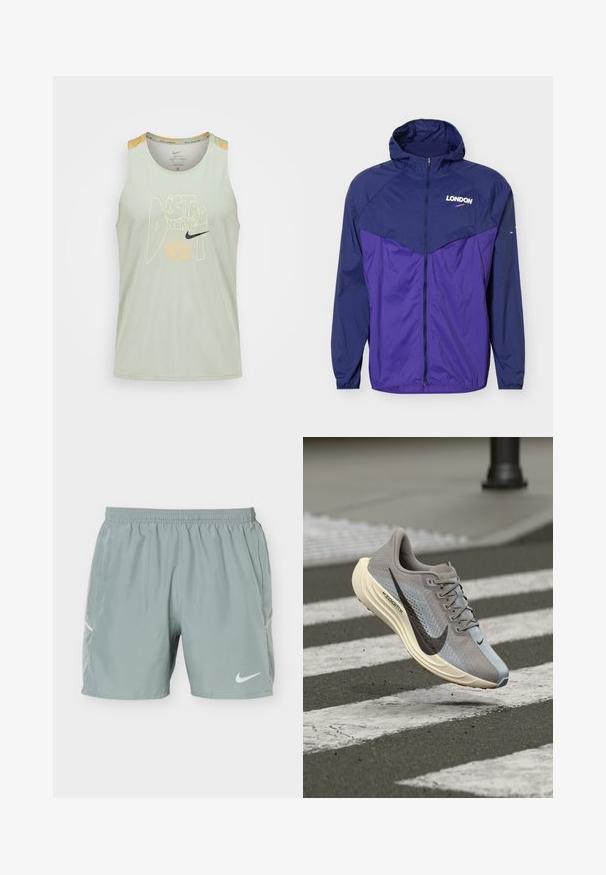 Veste légère à capuche bleu marine et violette avec fermeture éclair frontale et texte « LONDON » avec un petit logo swoosh sur la poitrine.; Débardeur de course Nike vert clair sans manches avec texte graphique jaune « DISTANT DREAMS » et logo Nike noir à l'avant.; Shorts de sport gris clair avec taille élastique, poches latérales et logo Nike swoosh blanc sur la jambe gauche.; Chaussure de course Nike grise et bleue avec un swoosh noir et une semelle ZoomX survolant un passage piéton mouillé.
