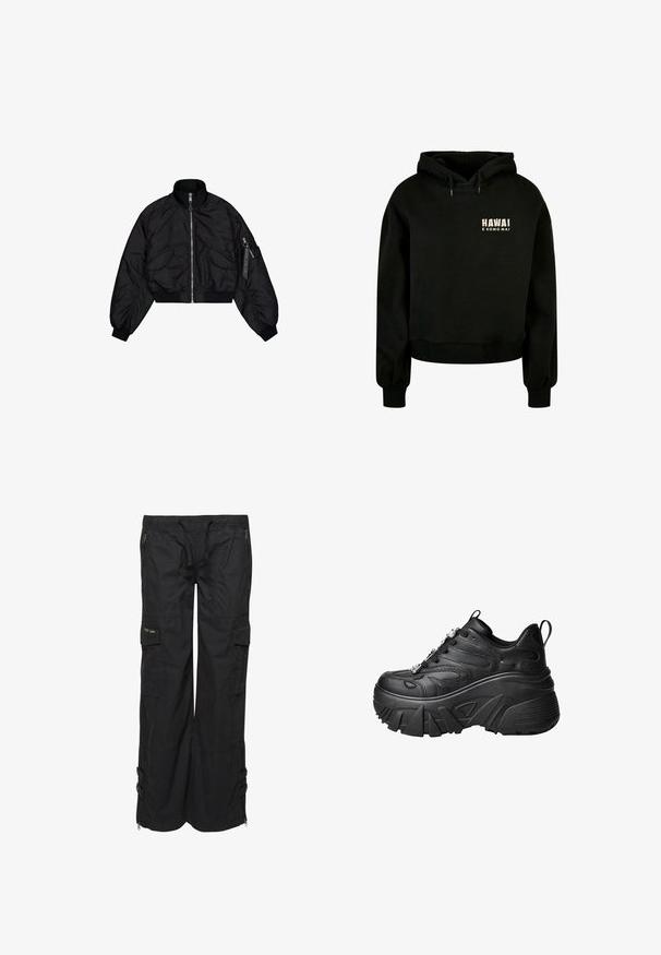 Sort cropped bomberjakke med høj krave, lynlåslukning, elastiske cuffs og to frontlommer. Glat, skinnende tekstur med let glans.; Sort cropped hoodie lavet af blødt bomuldsstof. Har en justerbar hætte og ribbede manchetter. Frontdesignet inkluderer teksten: "HAWAI E KOMO MAI."; Sorte cargo bukser lavet af letvægtsstof. Har elastisk talje, flere lommer og lynlåse i kanten. Tekstur overflade.; Sorte plateau sneakers med en buet form, tekstureret læder, tyk gummisål og dekorativ hardware på snørerne.