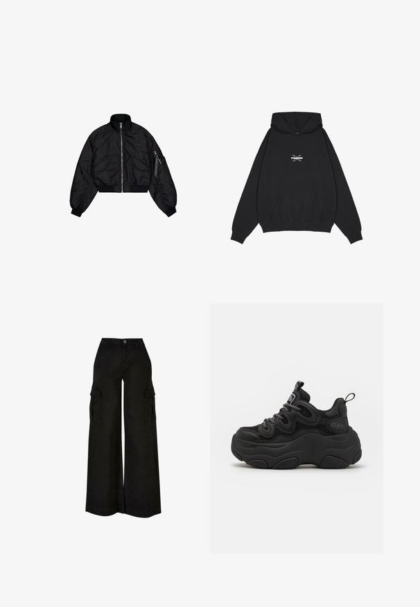 Chaqueta bomber negra cortada con un alto cuello, cierre de cremallera, puños elásticos y dos bolsillos frontales. Textura suave y brillante con un ligero brillo.; Pegador BELLY OVERSIZED HOODIE - Jersey con capucha - washed black; Pantalones cargo negros de pierna ancha con cintura alta, botón delantero, cremallera, trabillas para cinturón y bolsillos con solapa en ambos muslos.; Zapatilla negra con un diseño voluminoso, que presenta una parte superior texturizada, paneles de malla y una suela de goma gruesa. Cuerdas reflectantes y detalles de marca visibles.