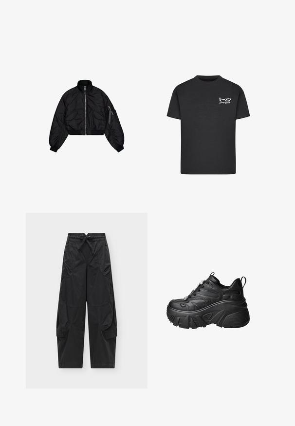 Sort cropped bomberjakke med høj krave, lynlåslukning, elastiske cuffs og to frontlommer. Glat, skinnende tekstur med let glans.; Sort bomulds T-shirt med rund hals. Har hvid tekst, inklusive japanske tegn og "Slurp Away," på venstre brystområde.; Sorte cargobukser med elastisk snøre i taljen, flere for- og sidelommer samt løstsiddende, lige ben på ensfarvet baggrund.; Sorte plateau sneakers med en buet form, tekstureret læder, tyk gummisål og dekorativ hardware på snørerne.
