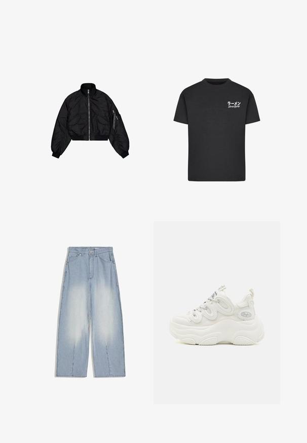 Veste bomber noire courte avec col montant, fermeture éclair, poignets élastiques et deux poches avant. Texture lisse et brillante avec un léger éclat.; T-shirt noir en coton avec un col rond. Présente du texte blanc, y compris des caractères japonais et les mots "Slurp Away" sur la zone gauche de la poitrine.; Pantalon à jambes larges à rayures verticales bleu clair et blanc avec poches avant et fermeture à boutons.; Baskets blanches chunky avec une tige en mesh et synthétique, forme incurvée, semelle texturée et système de laçage proéminent avec des détails de logo.
