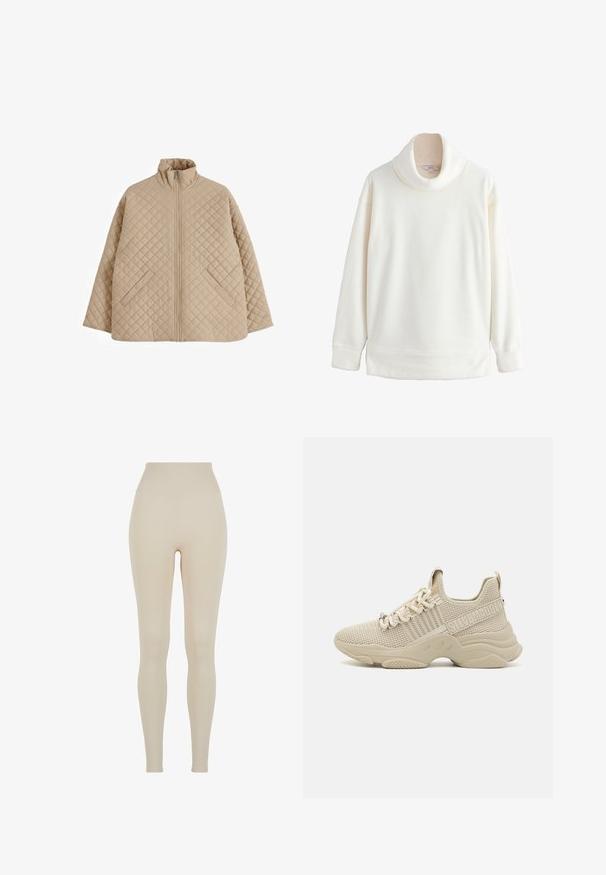 Veste matelassée beige avec quilting en losange, col montant, fermeture éclair à l'avant et deux poches inclinées avec fermeture à pression.; Pull polaire blanc à manches longues avec col roulé ample et poignets côtelés, présenté sur un cintre sur fond blanc.; Leggings beiges en tissu extensible avec une taille haute ; texture lisse, silhouette ajustée, sans motifs ni détails matériels visibles.; Chaussure de sport beige avec tige en mesh, bout arrondi et semelle en caoutchouc. Présente un détail de logo sur le côté et un design texturé pour une meilleure adhérence.