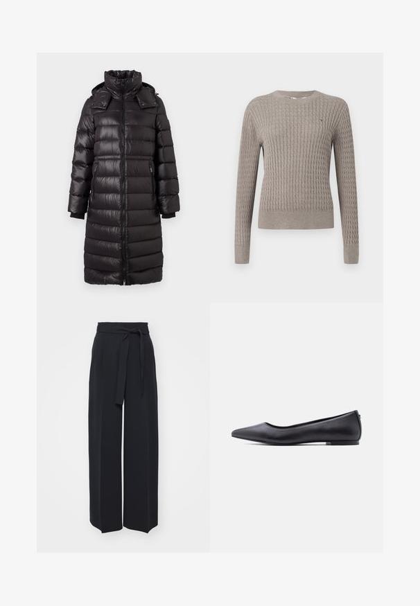 Langer schwarzer gesteppter Puffer-Mantel mit hohem Kragen, Frontreißverschluss, seitlichen Reißverschlusstaschen und abnehmbarem Kapuzen, entworfen für kaltes Wetter.; Hellgrauer Rippstrickpullover mit langen Ärmeln und Rundhalsausschnitt. Verfügt über ein strukturiertes Muster und ein dezentes Logodetail auf der Brust.; Schwarze weite Hosen aus weichem Stoff. Mit einem Gürteltäfelchen und vorderen Falten. Glatte Textur mit einem klaren, modernen Design.; Schwarzer flacher Lederschuh mit spitzer Kappe und niedrigem Absatz, seitlich vor weißem Hintergrund gezeigt.