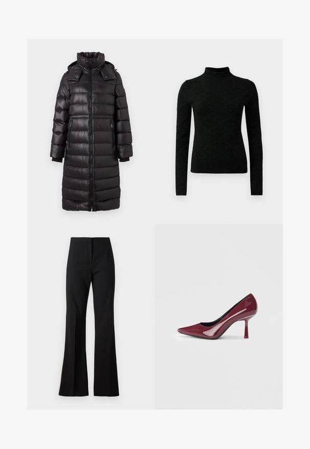 Lang sort quiltet pufferjakke med høj krave, frontlynlås, sidelommer med lynlås og aftagelig hætte, designet til koldt vejr.; Sort turtleneck sweater med lange ærmer, prydet med et tekstureret mønster og en tætsiddende pasform. Fremstillet af et blødt, strækbart materiale.; Sorte svingbukser lavet af et glat stof, med højtaljet talje, forreste folder og en ren finish ved sømmene.; Glansende burgunder højhælede pumps med spids tå og slank stiletto-hæl, synligt mærkeloq ved hælen, sat imod en lys grå baggrund.