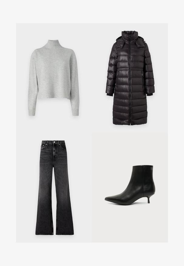 Abrigo puffer negro largo acolchado con cuello alto, cremallera frontal, bolsillos laterales con cremallera y capucha desmontable, diseñado para el clima frío.; Suéter de cuello alto gris claro, hecho de una suave tela de punto, con mangas largas y dobladillo y puños acanalados. Sin patrones ni detalles metálicos.; Jeans de mezclilla negra de pierna ancha con un acabado ligeramente desgastado, talle alto, cierre de botón metálico y detalles de costura mínimos.; Botín de piel negra con puntera puntiaguda y tacón bajo estilo kitten sobre fondo claro, mostrando vista lateral exterior.
