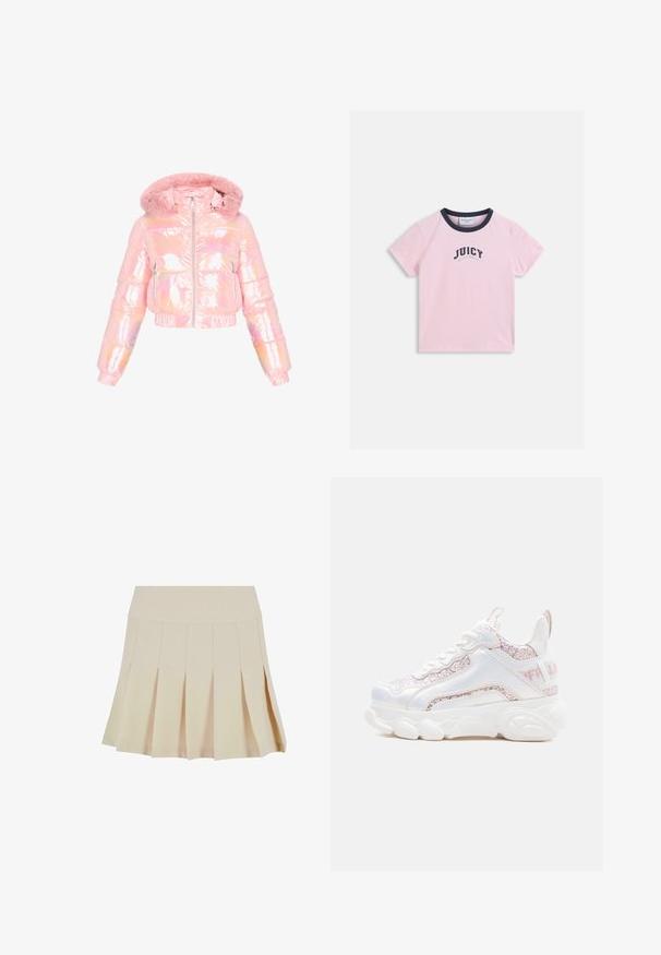 Korte donzenjas van glanzend roze materiaal met een capuchon van nepbont. Voorzien van zijzakken met rits en elastische manchetten. Overal een reflecterende textuur.; Lichtroze T-shirt met korte mouwen, een zwarte kraag en de tekst "JUICY EST LOS ANGELES" gedrukt in het midden aan de voorkant.; Beige geplisseerde rok met een aangesloten tailleband, gemaakt van een gladde stof. Kenmerkt zich door meerdere verticale plooien en een rechte zoom.; Witte chunky sneaker met glinsterende roze panelen, dikke zool, veters aan de voorkant en een trekkoordje bij de hiel, op een effen lichte achtergrond.