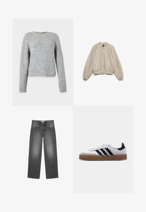 Veste beige matelassée à manches longues, col rond, fermeture à boutons-pression, poignets et ourlet élastiqués.; Pull tricoté gris clair à manches longues et col rond, présenté sur un fond blanc uni.; Jean gris foncé à jambes larges avec poches avant, passants de ceinture, fermeture par bouton et détails subtilement délavés sur les cuisses et les genoux.; Baskets en cuir blanc avec des rayures noires, semelle extérieure en caoutchouc beige, bout rond, fermeture lacée et embout en suède gris doux.