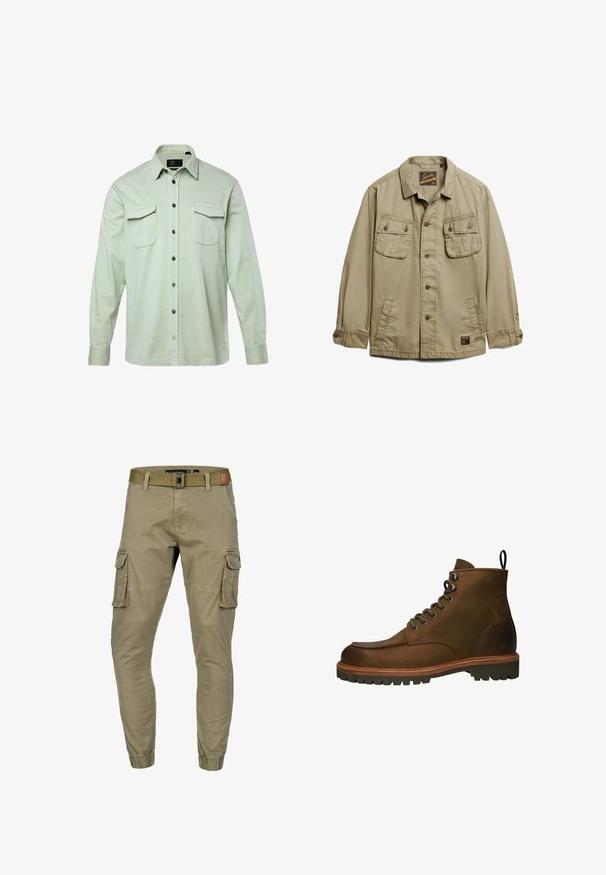 Beige utilityjakke med knaplukning, to brystlommer og sidelommer. Har en spids krave og et mærke.; Lys grøn langærmet skjorte med knapfront, to brystlommer og sorte knapper. Fremstillet af tekstureret stof, med foldet krave og manchetter.; Beige cargobukser med elastiske manchetter, sidelommer med klap, forlommer og et olivengrønt stofbælte med metalspænde.; Brune læder ankelstøvler med rundt tå, metal øjer og en robust gummisål. Indeholder en trækflap for nem påtagning.