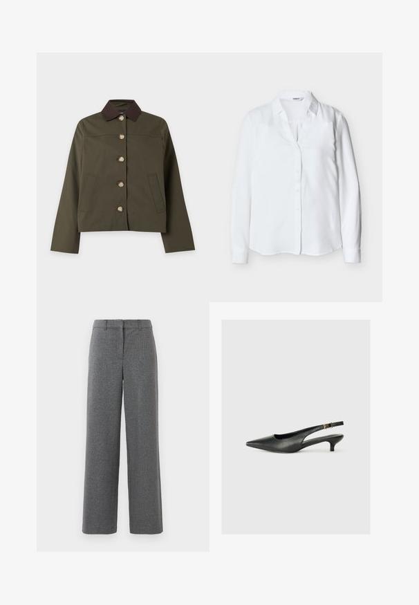 Chaqueta verde abotonada con cuello marrón oscuro, mangas largas y dos bolsillos delanteros, mostrada sobre un fondo liso y claro.; Blusa blanca de manga larga para mujer con cuello y botones delanteros, confeccionada en tela lisa, exhibida sobre un fondo liso.; Pantalones grises con un tejido texturizado y tejido. Diseño de pierna ancha, parte frontal plana y sin hardware o acentos visibles. Adecuado para vestir de forma formal.; Zapato de tacón slingback negro de punta afilada, hecho de cuero suave. Presenta un tacón delgado y un detalle de hebilla en la correa ajustable.