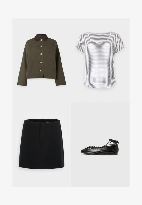 Veste verte à boutons avec col marron foncé, manches longues et deux poches avant, présentée sur un fond clair uni.; T-shirt blanc à manches courtes avec de fines rayures horizontales noires et un col arrondi, présenté sur un fond blanc uni.; Jupe noire avec une texture de tissu lisse, au design minimaliste, deux poches avant et une longueur mi-cuisse. Comprend des passants de ceinture à la taille.; Ballerines en cuir verni noir avec un bout rond, un design à lacets et une semelle plate. Texture lisse avec peu de détails.