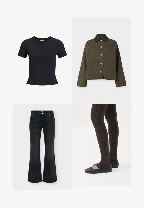 Groene jas met knopen, donkerbruine kraag, lange mouwen en twee voorzakken, weergegeven op een effen lichte achtergrond.; Zwart, aansluitend T-shirt met korte mouwen, ronde hals en licht taps toelopende taille, weergegeven op een witte achtergrond.; Zwarte high waist flare jeans met dubbele zilveren knoopsluiting, voorzakken en brede pijpopeningen tegen een effen achtergrond.; Benen met donkere geribbelde leggings gecombineerd met zwarte ballerina's met kleine strikdetails op een witte achtergrond.