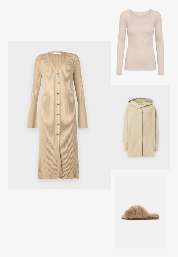 Beige fleecejakke med hætte, der har knapper foran, sidelommer og blødt tekstureret stof for varme.; Lys beige langærmet top lavet af ribbet stof. Har en rund halsudskæring og råkant forneden, med en tætsiddende form og blød tekstur.; Beige ribbet cardigan med lange ærmer, knaplukning foran, V-hals og udvidede manchetter. Fremstillet af blødt strikmateriale med en tekstureret finish.; Fuzzy beige hjemmesko med blød tekstur, åben bag og indvendig foring. Flad sål med en lysebrun bund og beige syning.