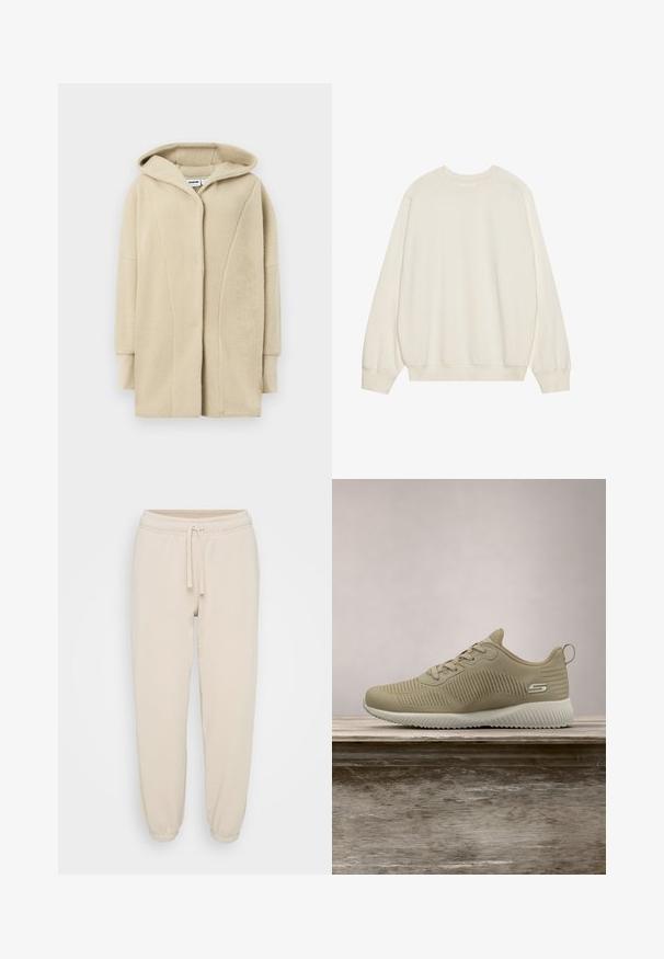 Beige fleecejakke med hætte, der har knapper foran, sidelommer og blødt tekstureret stof for varme.; Lys beige sweatshirt lavet af blødt bomuldsblanding. Har lange ærmer, rund halsudskæring og ribbede manchetter og kant med en afslappet pasform.; Beige bomuldssweatpants med elastisk talje, snoretræk og elastiske manchetter, præsenteret på en neutral hvid baggrund.; Beige atletisk sko med tekstureret overdækning, snørebånd og støttende hælkappe, hviler på en træoverflade, sat mod grønne planter.