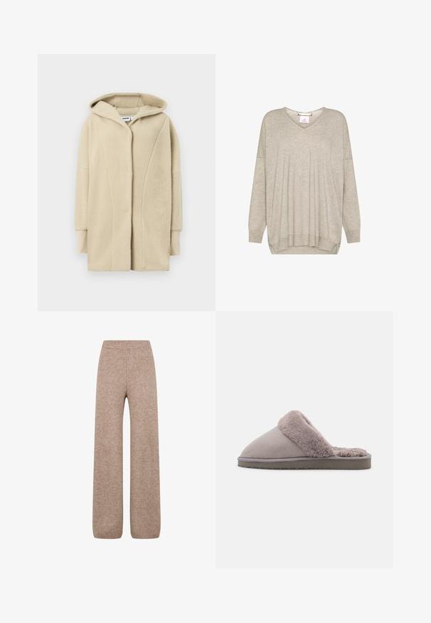 Beige fleece jas met capuchon, voorzien van een knoopsluiting aan de voorkant, zijzakken en een zachte, textuurrijke stof voor warmte.; Lichtbeige lange mouw gebreide trui met V-hals en geribde boorden en zoom, met een licht losse pasvorm en aflopende schoudernaden.; Brede gebreide broek in een lichtbruine tint met een ribbel waistband en manchetten, gemaakt van een zachte, gestructureerde stof. Geen zichtbare zakken.; Grijze suède pantoffel met een zachte, fluffy, lichtgrijze bontvoering. Gesloten te ontwerp en flexibele, gestructureerde zool voor grip.