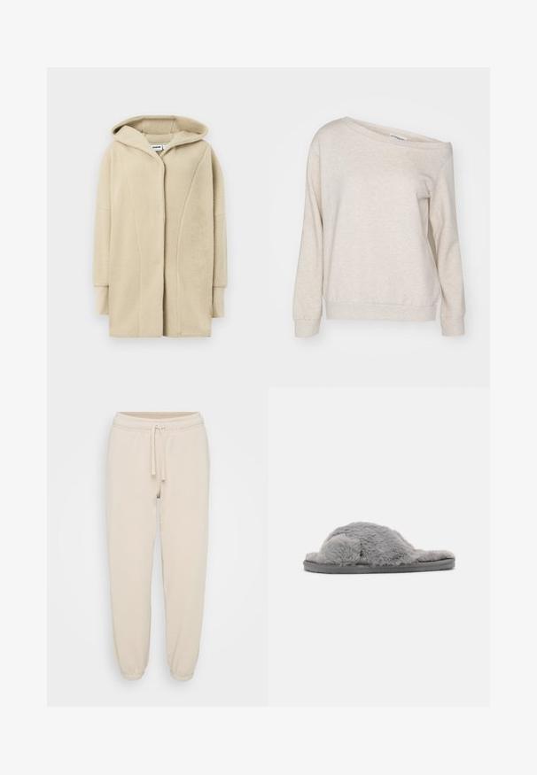 Beige fleecejakke med hætte, der har knapper foran, sidelommer og blødt tekstureret stof for varme.; Beige af den skulder sweatshirt lavet af blødt stof, med lange ærmer, ribbede manchetter og en afslappet pasform med en rund halsudskæring.; Beige bomuldssweatpants med elastisk talje, snoretræk og elastiske manchetter, præsenteret på en neutral hvid baggrund.; Grå fuzzy slippers med en blød, plysset tekstur og åben tå design. Har en tyk, tekstureret sål for komfort og holdbarhed.