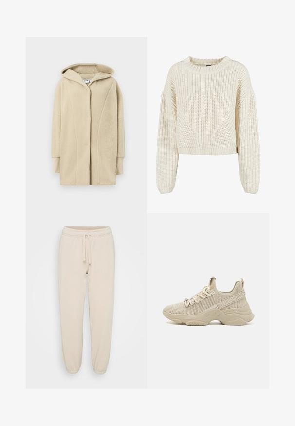 Beige fleecejakke med hætte, der har knapper foran, sidelommer og blødt tekstureret stof for varme.; Chunky strik creme trøje med rund halsudskæring, brede ærmer, ribbede manchetter og et struktureret mønster. Korte design.; Beige bomuldssweatpants med elastisk talje, snoretræk og elastiske manchetter, præsenteret på en neutral hvid baggrund.; Beige atletiksko med mesh-overdel, rund tå og gummisål. Har logodetalje på siden og struktureret design for greb.