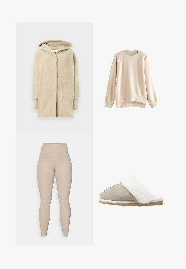 Beige fleece jas met capuchon, voorzien van een knoopsluiting aan de voorkant, zijzakken en een zachte, textuurrijke stof voor warmte.; Lichtbeige sweatshirt met een ronde hals, raglanmouwen en een licht gebogen onderkant. Gemaakt van gladde stof met ribboorden.; Beige hoge taille legging met een geribbelde textuur, voorzien van een soepele tailleband en aansluitende benen, ontworpen voor comfort en flexibiliteit.; Suède instapper in lichtbeige met een witte fluffy bontband over de bovenkant, met een gestructureerde buitenzool voor grip en comfort.