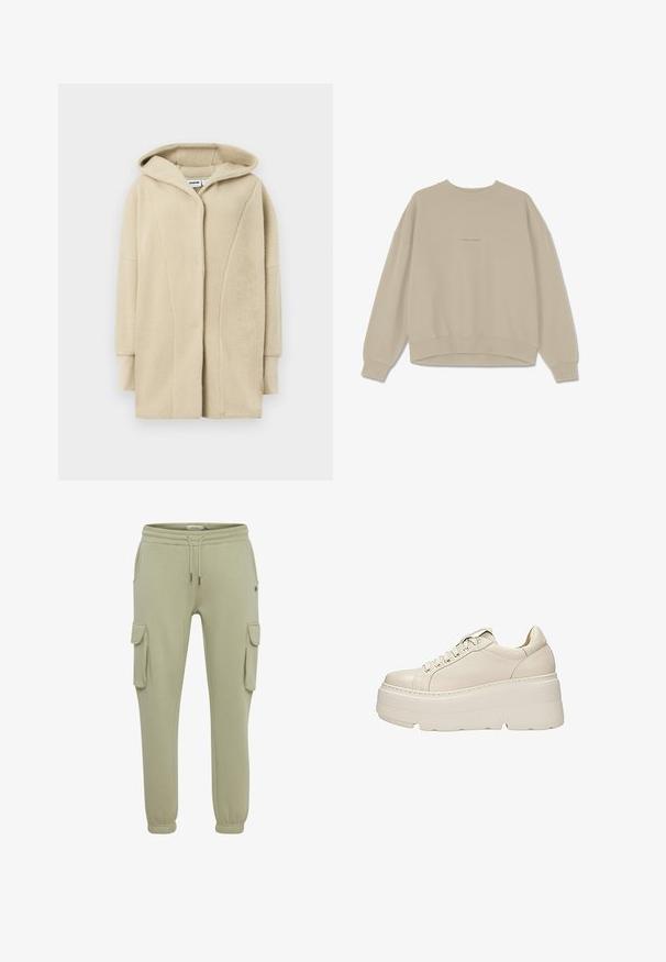 Manteau en polaire beige avec capuche, doté d'une fermeture à boutons sur le devant, de poches latérales et d'un tissu à texture douce pour la chaleur.; Sweatshirt beige en coton doux, avec un col rond, des épaules tombantes et des poignets côtelés, ornée du mot "PEGAADOR" brodé sur le devant.; Pantalons cargo en vert clair en tissu doux, avec poches latérales, poignets élastiqués et une taille à cordon pour un ajustement réglable.; Baskets compensées beiges avec semelle épaisse, lacets à l'avant et tige en cuir lisse, présentées en profil latéral sur fond blanc.