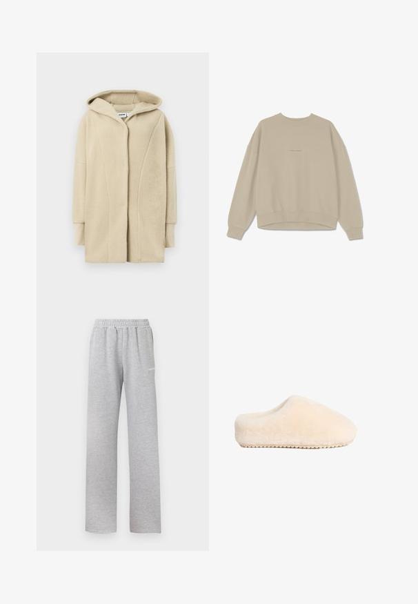 Beiger Fleece-Mantel mit Kapuze, ausgestattet mit einem Knopfverschluss vorne, Seitentaschen und weichem, texturiertem Stoff für Wärme.; Beige Sweatshirt aus weichem Baumwollmaterial, mit Rundhalsausschnitt, überschnittenen Schultern und gerippten Bündchen, auf der Vorderseite mit dem Wort "PEGAADOR" bestickt.; Helle graue Sweatpants mit einem elastischen Bund, geradem Bein Schnitt und einem kleinen weißen Logo auf dem linken Oberschenkel. Weicher, strukturiert Stoff.; Beige, weiche, flauschige Hausschuhe mit einer soliden flachen Sohle und abgerundeter Zehe, die ein nahtloses Design und eine samtige Textur aufweisen.