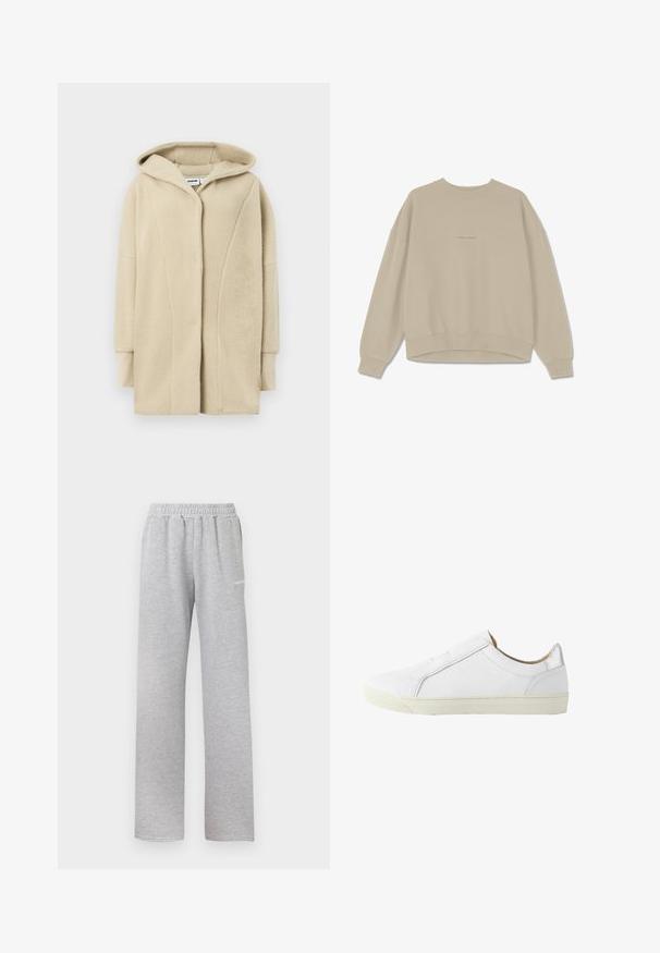 Beige fleecejakke med hætte, der har knapper foran, sidelommer og blødt tekstureret stof for varme.; Beige sweatshirt lavet af blødt bomuld, der har en rund halsudskæring, nedfaldne skuldre og ribbede mancher. På fronten er ordet "PEGAADOR" broderet.; Lys grå sweatpants med elastisk talje, lige ben design og et lille hvidt logo på venstre lår. Blødt, tekstureret stof.; Hvid lavtop læder-sneaker med lynlås på siden, beige inderforet og off-white gummisål, vist fra ydersiden.