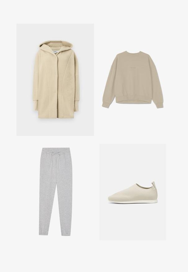 Manteau en polaire beige avec capuche, doté d'une fermeture à boutons sur le devant, de poches latérales et d'un tissu à texture douce pour la chaleur.; Sweatshirt beige en coton doux, avec un col rond, des épaules tombantes et des poignets côtelés, ornée du mot "PEGAADOR" brodé sur le devant.; Pantalon de survêtement gris avec une texture douce, taille élastique et détail de cordon de serrage. Design de jambe fuselée avec une coupe décontractée.; Chaussure slip-on en tricot beige avec profil bas, tige texturée et semelle flexible. Présente un design tissé autour de la cheville pour plus de confort.