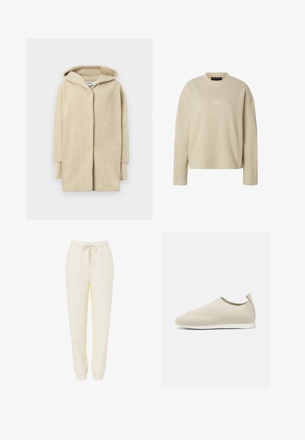 Manteau en polaire beige avec capuche, doté d'une fermeture à boutons sur le devant, de poches latérales et d'un tissu à texture douce pour la chaleur.; Sweat-shirt beige à manches longues côtelées avec col rond et petit logo blanc "Pegador" centré sur la poitrine.; Pantalon de survêtement décontracté couleur crème avec ceinture élastique et cordon de serrage, jambes effilées et poignets élastiques.; Chaussure slip-on en tricot beige avec profil bas, tige texturée et semelle flexible. Présente un design tissé autour de la cheville pour plus de confort.