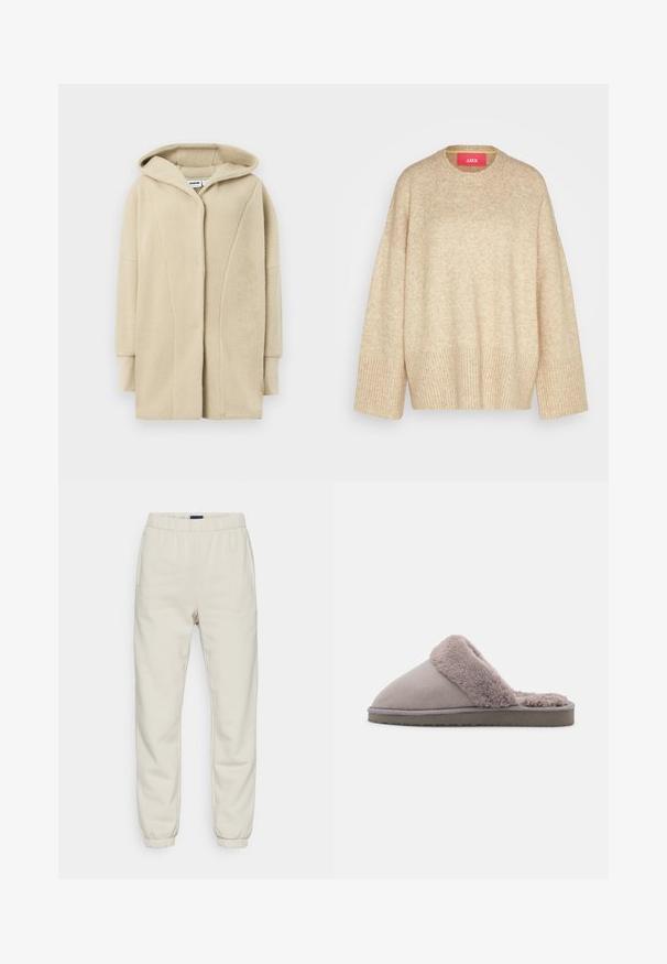 Beiger Fleece-Mantel mit Kapuze, ausgestattet mit einem Knopfverschluss vorne, Seitentaschen und weichem, texturiertem Stoff für Wärme.; Beige oversize Pullover mit rundem Halsausschnitt, gerippten Bündchen und Saum, aus weichem, strukturiertem Material gefertigt. Verfügt über ein leuchtend rotes Etikett.; Cremfarbene Sweatpants aus weichem Material, mit einem elastischen Bund, Seitentaschen und Bündchen an den Knöcheln.; Graue Wildlederhausschuh mit einem weichen, flauschigen, hellgrauen Futter. Geschlossener Zehendesign und flexible, strukturierte Sohle für einen guten Halt.