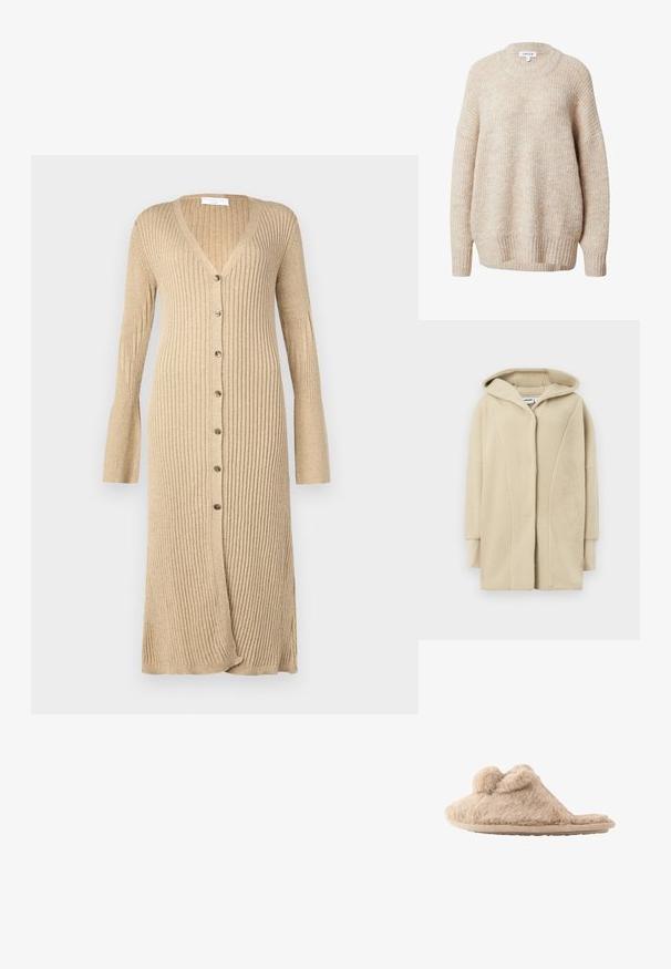 Beiger Fleece-Mantel mit Kapuze, ausgestattet mit einem Knopfverschluss vorne, Seitentaschen und weichem, texturiertem Stoff für Wärme.; Beige gestrickter Pullover mit rundem Halsausschnitt, überschnittenen Schultern sowie gerippten Bündchen und Saum. Merkmale einen strukturierten, leicht lockeren Sitz.; Beige gerippter Cardigan mit langen Ärmeln, knöpfbarer Vorderseite, V-Ausschnitt und ausgestellten Ärmelabschlüssen. Hergestellt aus weichem Strickmaterial mit strukturierter Oberfläche.; Beige flauschiger Hausschuh zum Hineinschlüpfen mit zwei Pompons oben und einer flachen Sohle, für den Innenbereich konzipiert.