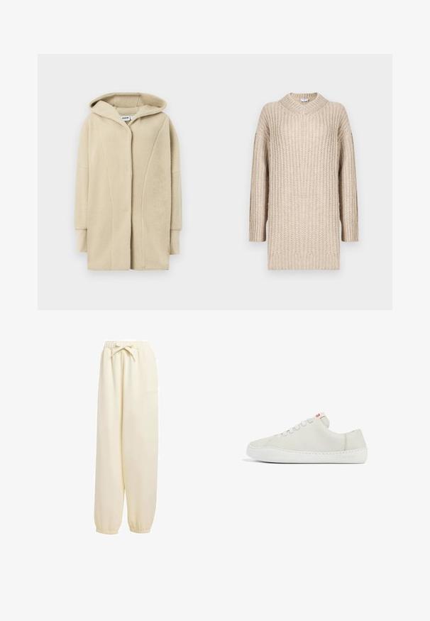 Beige fleecejakke med hætte, der har knapper foran, sidelommer og blødt tekstureret stof for varme.; Beige strikket sweater med V-udskæring, lange ærmer og ribbet tekstur. Løs pasform med lige snit, der fremhæver en hyggelig stil og komfort.; Beige, løstsiddende sweatpants lavet af blødt materiale. Har en elastisk talje med snoretræk og elastiske manchetter ved anklerne.; Hvide lædersneakers med lav profil, rund tå, flad snørebåndslukning og hvid gummisål. Udstyret med diskret syning og et lille logo.