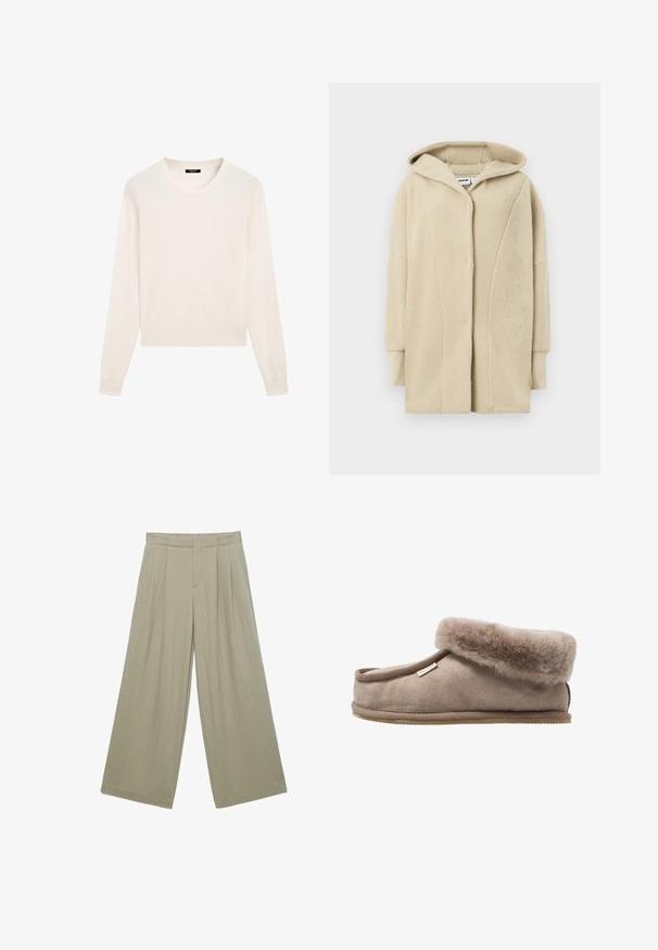 Beige fleecejakke med hætte, der har knapper foran, sidelommer og blødt tekstureret stof for varme.; Kremfarvet sweater lavet af blødt stof med rund halsudskæring, lange ærmer og en kortet kant. Enkel og minimalistisk design.; Beige bukser med vide ben, forplejede foran, en taljebånd og skjult lukning foran.; Brune ruskinds hjemmesko med en blød, fluffy manchet, afrundet tå og en struktureret sål. Designet har en syet kant og et lille mærke.