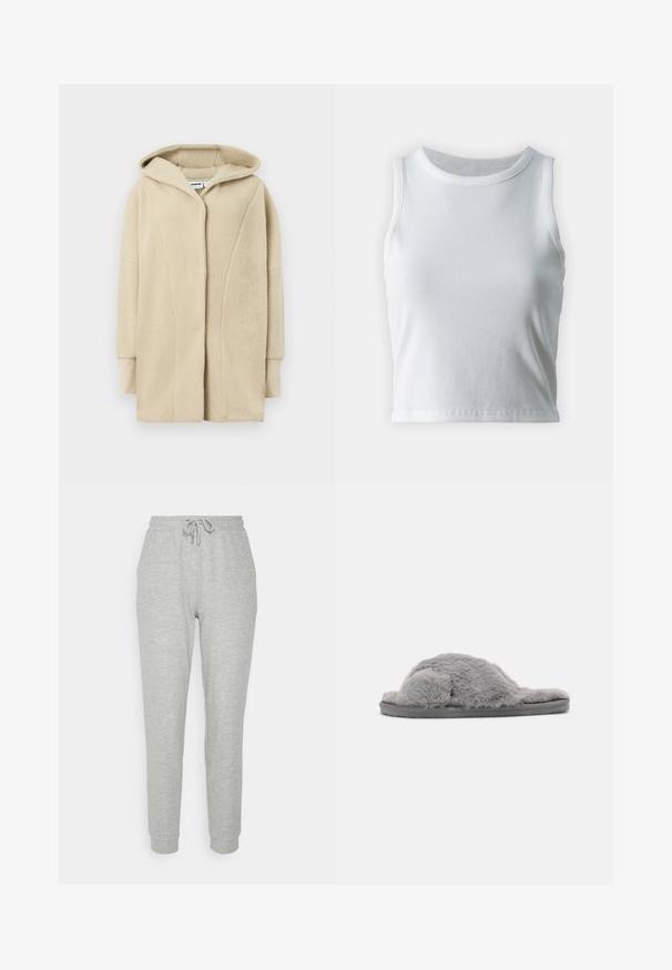 Manteau en polaire beige avec capuche, doté d'une fermeture à boutons sur le devant, de poches latérales et d'un tissu à texture douce pour la chaleur.; Débardeur blanc côtelé avec un décolleté rond et sans manches, présentant un ourlet droit et une texture lisse et extensible.; Even&Odd by Zalando Pantalon de survêtement - mottled light grey; Chaussons gris en peluche avec une texture douce et un design à orteils ouverts. Présentent une semelle épaisse et texturée pour le confort et la durabilité.