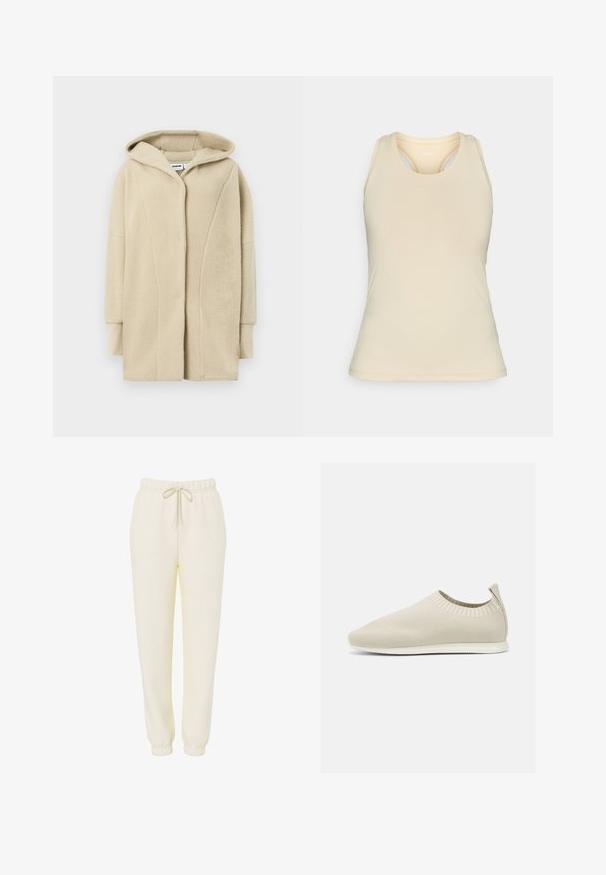 Manteau en polaire beige avec capuche, doté d'une fermeture à boutons sur le devant, de poches latérales et d'un tissu à texture douce pour la chaleur.; Débardeur beige clair en tissu lisse. Présente une encolure dégagée, un dos nageur et des détails de couture subtils.; Pantalon de survêtement décontracté couleur crème avec ceinture élastique et cordon de serrage, jambes effilées et poignets élastiques.; Chaussure slip-on en tricot beige avec profil bas, tige texturée et semelle flexible. Présente un design tissé autour de la cheville pour plus de confort.