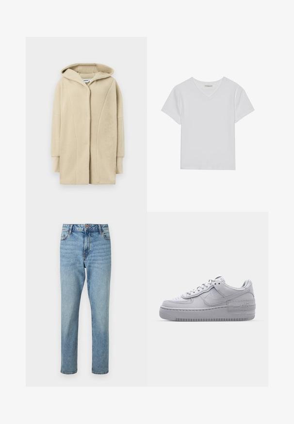 Beiger Fleece-Mantel mit Kapuze, ausgestattet mit einem Knopfverschluss vorne, Seitentaschen und weichem, texturiertem Stoff für Wärme.; Weißes kurzärmliges V-Ausschnitt-T-Shirt aus Rippstoff. Es zeichnet sich durch ein sauberes Design mit geradem Saum und minimalen Details aus.; Hellblaue, hoch taillierte Jeans mit geradem Bein, vorne mit Knopf- und Reißverschluss, vorderen Taschen und dezenten ausgewaschenen Details.; Graue Nike Air Force 1 Sneaker mit perforierter Zehenpartie, Obermaterial aus glattem Leder, dicker Sohle und geprägtem 'AIR'-Detail an der Ferse.