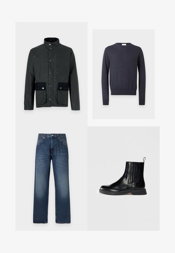 Schwarze Jacke mit hohem Kragen, Druckknöpfen und zwei Vordertaschen mit Wildlederakzenten. Hergestellt aus einem matten, wasserabweisenden Material.; Marineblauer Langarmpullover mit Rundhalsausschnitt und gerippten Bündchen und Saum auf einem schlichten hellen Hintergrund.; Dunkelblaue Jeans mit geradem Bein, vorderer Knopf- und Reißverschluss, Vordertaschen und dezenten, verwaschenen Details an den Oberschenkeln.; Schwarze Lederstiefelette mit elastischen Seiteneinsätzen, runder Zehenpartie, niedrigem Blockabsatz und Zuglasche. Verfügt über eine glänzende Textur und ein elegantes Design.