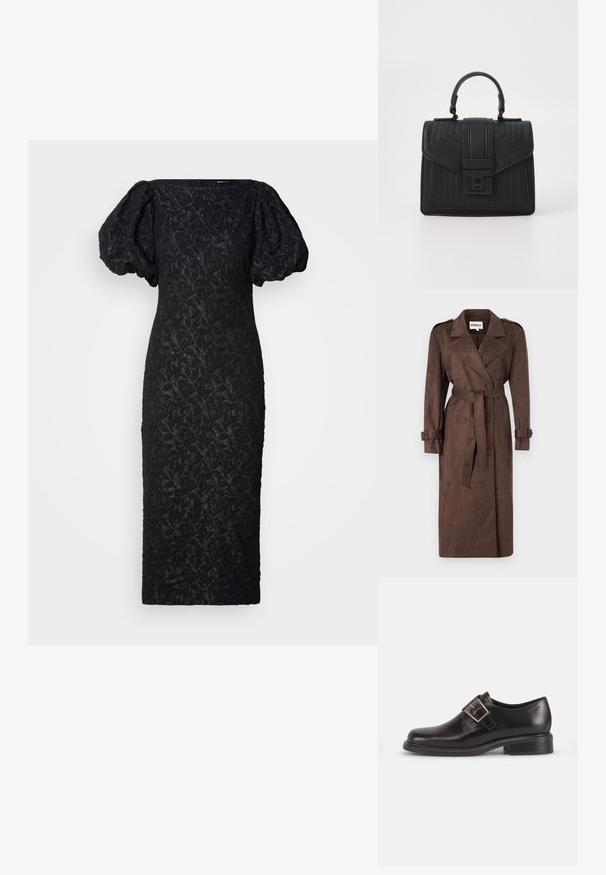 ONLY ONLINA LONG - Καμπαρντίνα - chocolate brown; Μαύρο φόρεμα με φουσκωτά μανίκια, με υφή λουλουδιών. Ο σχεδιασμός είναι εφαρμοστός, με ευθεία σιλουέτα και τετράγωνη λαιμόκοψη.; Μαύρο δερμάτινο παπούτσι ντυσίματος με στρογγυλή μύτη, λεπτομέρεια από πλευρική αγκράφα και υφή στη σόλα, τοποθετημένο σε λευκό φόντο.; Μαύρη δερμάτινη τσάντα χειρός με πλισέ υφή, ορθογώνιο σχήμα, επάνω χερούλι και μπροστινή flap που διαθέτει κλείσιμο σε ασημί τόνο.