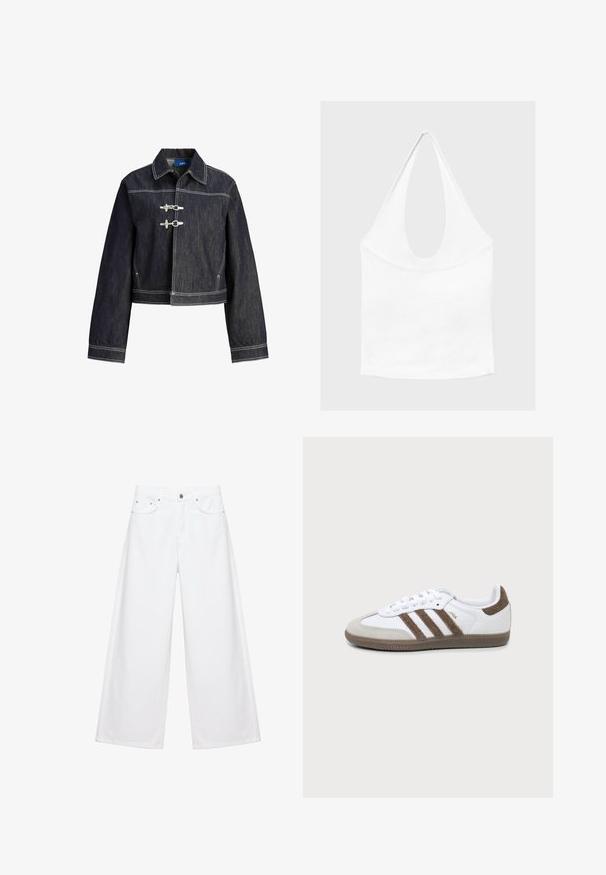 Veste en denim foncé avec coutures contrastantes blanches, col classique, manches longues et deux fermetures à bascule horizontales sur le devant.; Haut blanc sans manches à encolure américaine, avec un profond col rond et une taille cintrée, présenté sur un fond clair et uni.; Pantalon blanc à jambes larges avec bouton et fermeture éclair à l'avant, passants pour ceinture et deux poches avant, présenté sur un fond blanc uni.; Basket Adidas Samba blanche et marron avec trois bandes marron, lacets et semelle texturée, vue de côté sur fond uni.