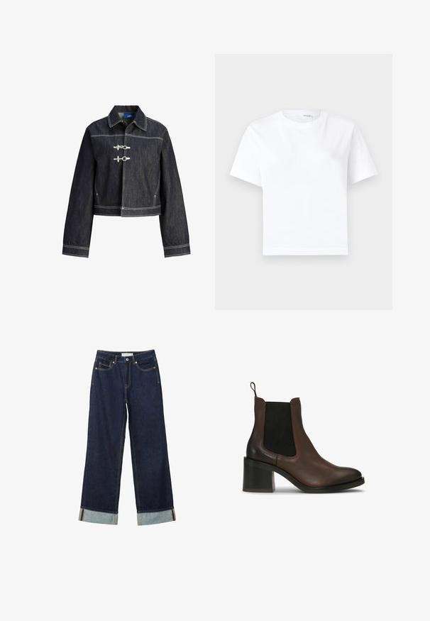 Veste en denim foncé avec coutures contrastantes blanches, col classique, manches longues et deux fermetures à bascule horizontales sur le devant.; T-shirt blanc uni en coton à manches courtes, col rond et ourlet droit, présenté sur fond blanc.; Jean large bleu foncé à taille haute, avec des ourlets roulés, des coutures contrastées et un design à cinq poches. Fabriqué en tissu en denim.; Bottes cheville en cuir marron avec panneaux latéraux élastiques, talon bloc, texture lisse et languette à l'arrière pour un enfilage facile.