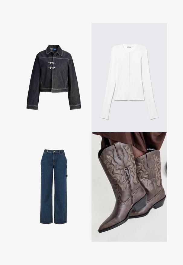 Chaqueta vaquera oscura con costuras en contraste blancas, cuello clásico, mangas largas y dos cierres de palanca horizontales en la parte delantera.; Camiseta Henley blanca de manga larga con cuello redondo y una fila vertical de pequeños botones en el centro delantero.; Pantalones cargo de mezclilla azul oscuro con cintura alta, diseño de pierna ancha y bolsillos laterales. Presentan costuras visibles y detalles de herrajes metálicos.; Botas vaqueras de cuero marrón con punta afilada, cremallera lateral y diseño de serpiente texturizado en beige, con tachuelas decorativas a lo largo de los bordes.