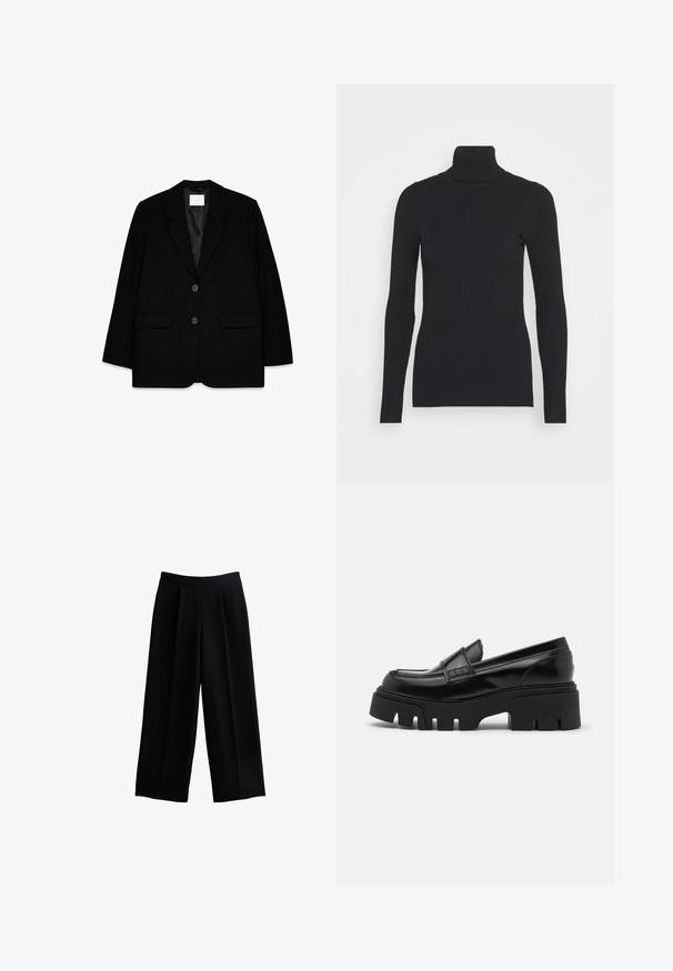 Zwarte op maat gemaakte blazer met twee voorzakken, een eenknoopsluiting, scherpe revers en een gladde satijnen voering. Voorzien van twee zwarte knopen.; Zwarte geribde coltrui met lange mouwen en een aansluitende pasvorm. De textuur is glad met een horizontaal ribpatroon.; Zwarte broek met wijde pijpen en een geplooid ontwerp, gemaakt van een gladde stof. Heeft een hoge tailleband en een ontspannen silhouette.; Zwarte leren loafers met een chunky, gestructureerde platformzool en een decoratieve strap over de bovenkant. Gladde, glanzende afwerking.