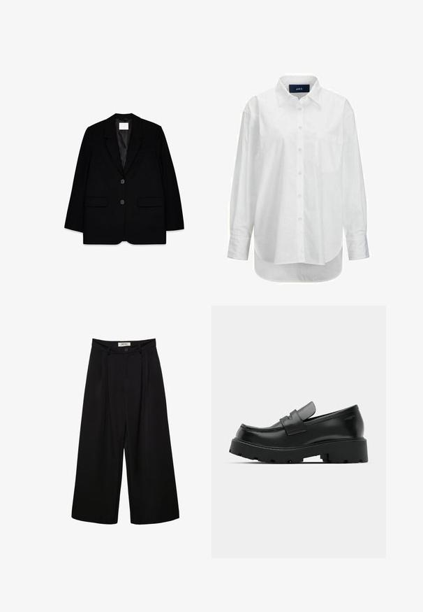 Blazer noir sur mesure avec deux poches avant, design à simple boutonnage, revers pointus et doublure en satin lisse. Comprend deux boutons noirs.; Chemise blanche à manches longues en coton doux avec un col boutonné, une poche à l'avant et un ourlet arrondi. Présente un empiècement au dos pour plus de structure.; Pantalon noir à jambes larges avec taille haute, présentant des plis à l'avant, deux poches latérales et une fermeture par bouton. Texture de tissu lisse.; Mocassins en cuir noir avec une semelle épaisse et texturée, dotés d'une sangle sur le vamp et d'une finition lisse et polie.