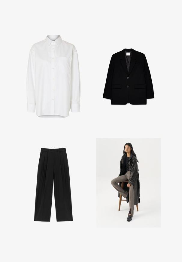 Sort skræddersyet blazer med to frontlommer, enkeltspændt design, skarpe reverser og en glat satinforing. Har to sorte knapper.; Hvid langærmet skjorte med knapper, spids krave og brystlomme, vist mod en ensfarvet baggrund.; Sorte bukser med vide ben, frontplisseringer, bæltestropper og sidelommer, designet til en skræddersyet pasform.; Sort læder trench coat med knapper og bælte detalje, parret med lysebrune tætsiddende bukser og sorte loafers, siddende på en træstol.