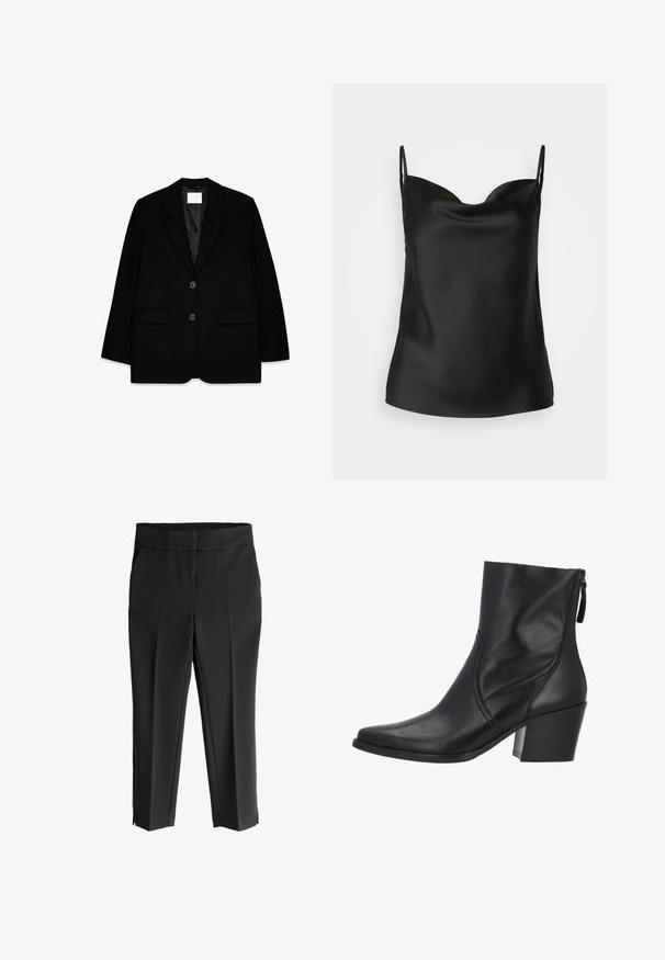 Zwarte op maat gemaakte blazer met twee voorzakken, een eenknoopsluiting, scherpe revers en een gladde satijnen voering. Voorzien van twee zwarte knopen.; Zwarte satijnen camisole met een diepe V-halslijn, dunne bandjes en een gladde, glanzende textuur. Eenvoudig, klassiek ontwerp zonder versieringen.; Zwarte cropped broek met een brede tailleband, voorzien van een gladde textuur, taps toelopende benen en zijsplitten aan de zoom voor extra detail.; Zwarte enkellaars gemaakt van glad leer, met een puntige neus, zijrits en een blokhak. Eenvoudige stiknaden voegen detail toe.