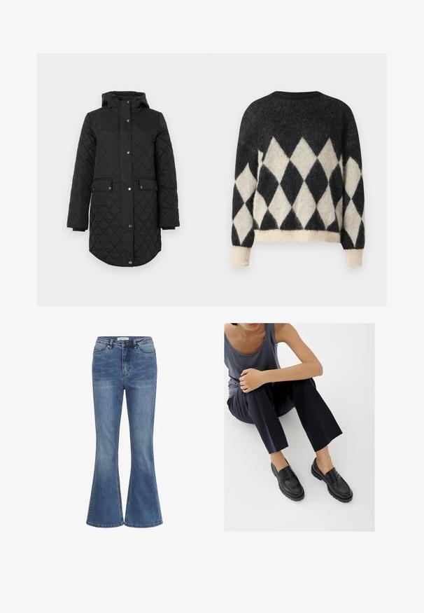 Sort quiltet jakke med hætte, der har trykknapper og to forlommer, designet med en længere længde og en rundet kant.; Sort og cremefarvet oversized sweater med diamantmønster, lavet af blødt struktureret stof med ribkant i bunden og på ærmerne.; Blå denim jeans med høj talje, frontlukning med knap og lynlås, og let udvidede ben.; Sorte læderloafers med teksturerede detaljer, lav hæl, rund tå og synlige syninger. Modellen bærer mørke bukser og en grå top.